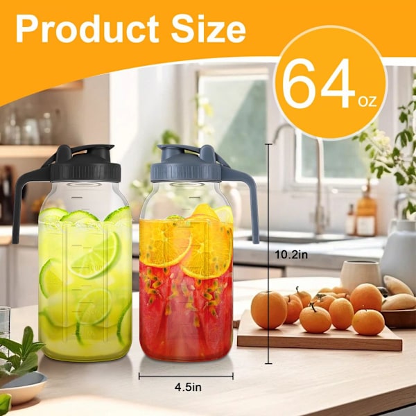 2-pack 1,9 liters glaskanna, halv gallon Mason Jar-kanna med bred öppning och lufttätt lock för iste, kallbryggt kaffe, kylskåpsvatten, bröstmjölk