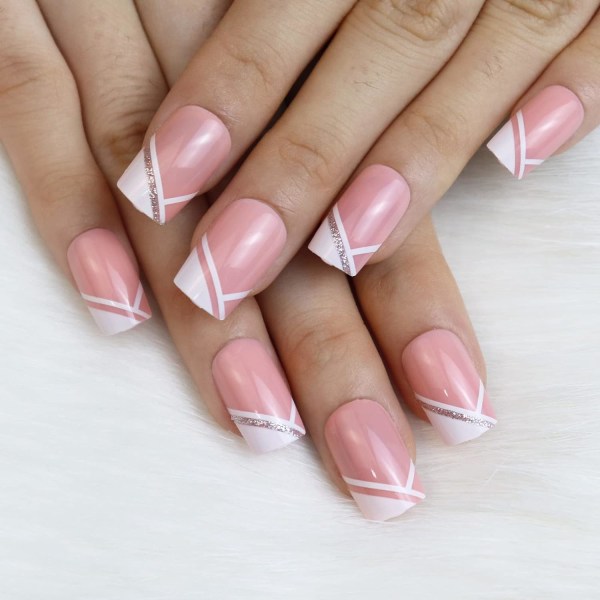 Franska falska naglar, 24 st Rosa lösnaglar Medium Square Cover Nageltips för kvinnor och flickor
