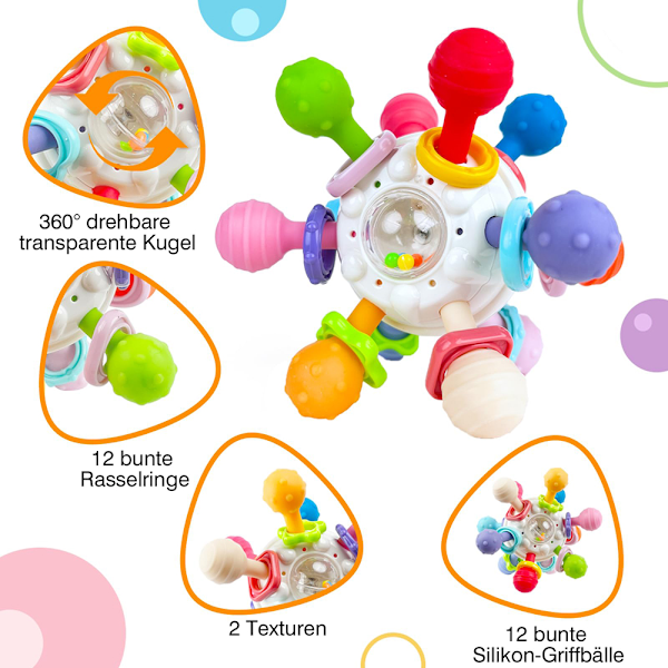 Bitleksak för bebis från 3 månader, sensorisk skallerboll greppboll baby leksak gjord av silikon, Montessori motorik leksak babygåva från 0 6 9 månader