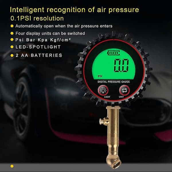 Digital däcktrycksmätare med luftchuck och kompressortillbehör, LCD-display, kraftig LED-strålkastare, 255 psi