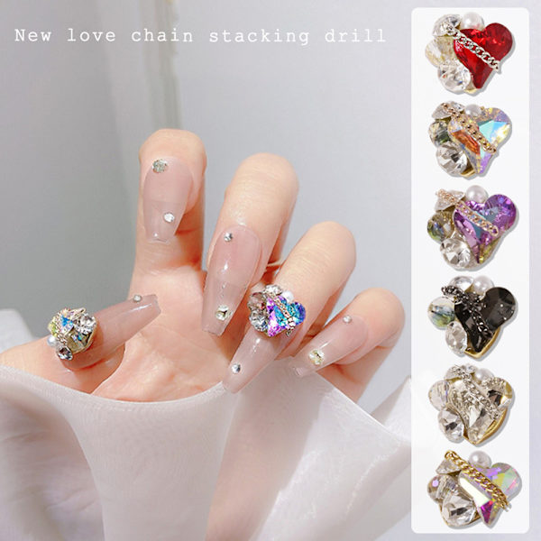6 st hjärtformade metalllegering strass nagel smycken färgglada 3D nagelkonst berlocker hjärta glänsande nagelkristall diamanter ädelstenar manikyr nageldekorationer