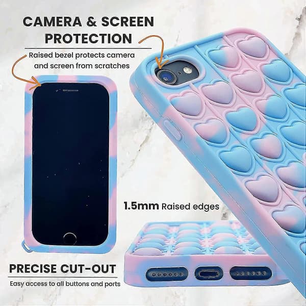 Betterlifefg-Telefonetui Push Pop Bubble Fidget Sensorisk Legetøj Hjerteform, blå+lyserød, iPhone XR