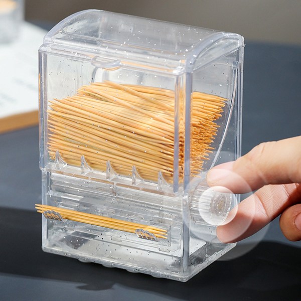 Tandpetare Dispenser Kreativ Klar Knopp Switch Akryl Tandpetarhållare Automatisk Tandpetare Låda för Bord Kök Hem Restaurang Fest
