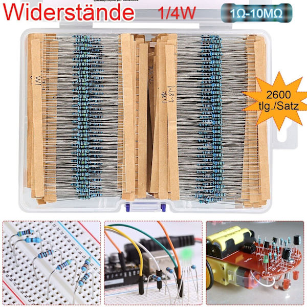 2600 stk Modstande Resistor Metalfilm 1/4W Modstand 1Ω-10MΩ Sortiment Sæt