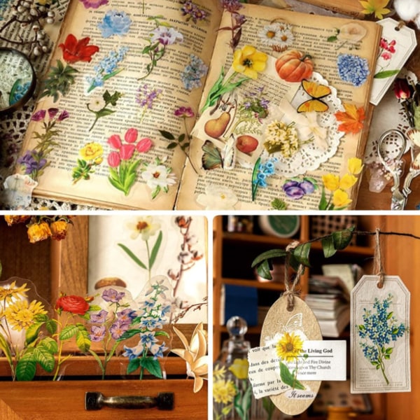 100 kpl luonnonkukkasia tarroja scrapbooking- ja retrotaiteeseen