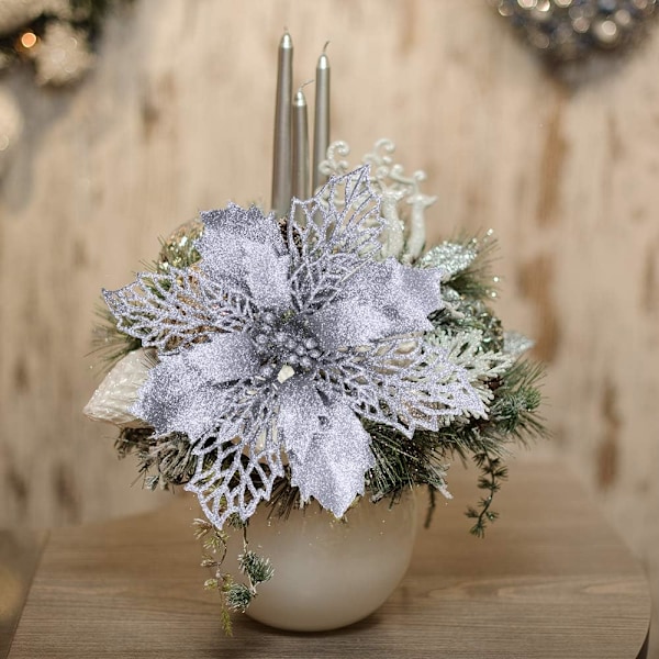Glittrande Julgransdekorationer, Julstjärna Konstgjord Blomma Med Silverglitterpulver För Festlig Dekor