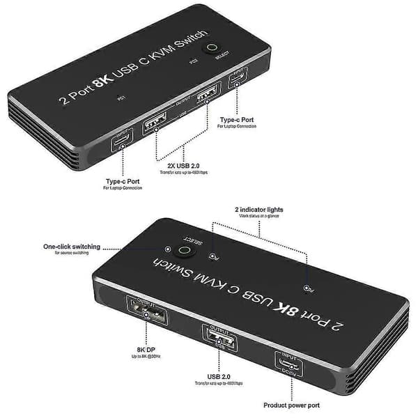 Til 3/4 Kvm Switch Usb-c Til Displayport Med 3port Usb2.0 8k@60hz 4k@144hz Dp 1.4 Til Skærm Mus