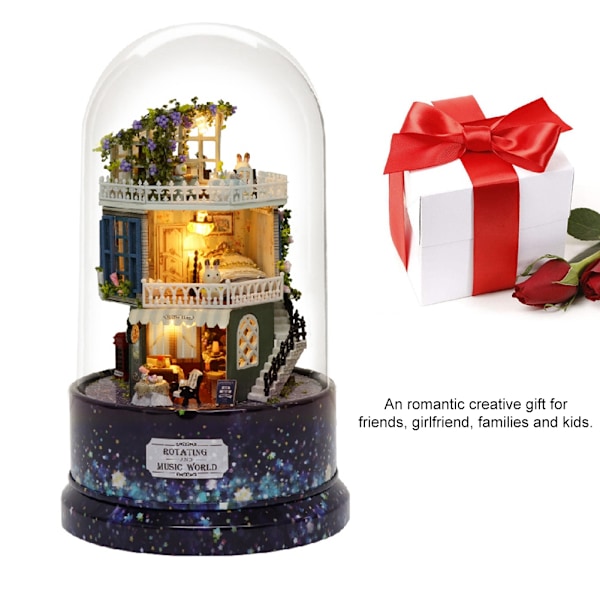 Perfekt DIY-gåva Alla hjärtans dag-present, handgjorda dockhus giftfria material, DIY miniatyrdockhus-kit med LED-ljus musikdosa plastdammskydd,