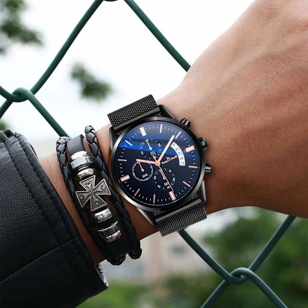 Herrklocka Mode Vattentät Sport Analog Kvarts Klocka Ultratunn Urtavla Rostfritt Stål Mesh Armbandsur Herr Datum