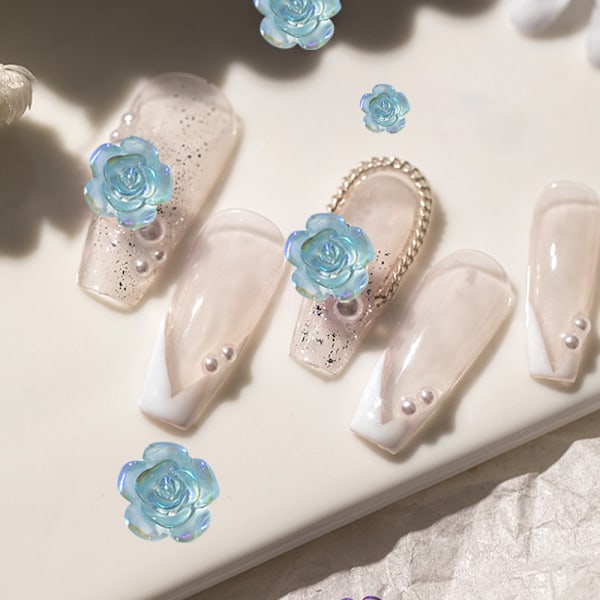Nail Art 3D Resin Vit Ros Blomdesign Aurora Kronblad Nagel