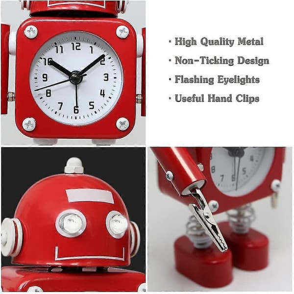 Tystgående robotväckarklocka i rostfri metall - Väckarklocka med blinkande ögonljus och handklämma (rubinröd) Ruby Red