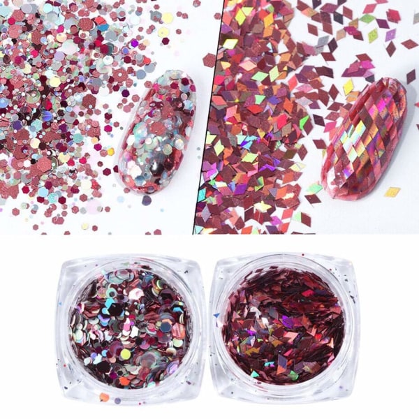 Neglekunst Sequins Glitter, 8 Bokser/Set Roségull Rosa Negleflak Fargerike Blandede Negle Glitter for Negle Design Glitter Neglekunst