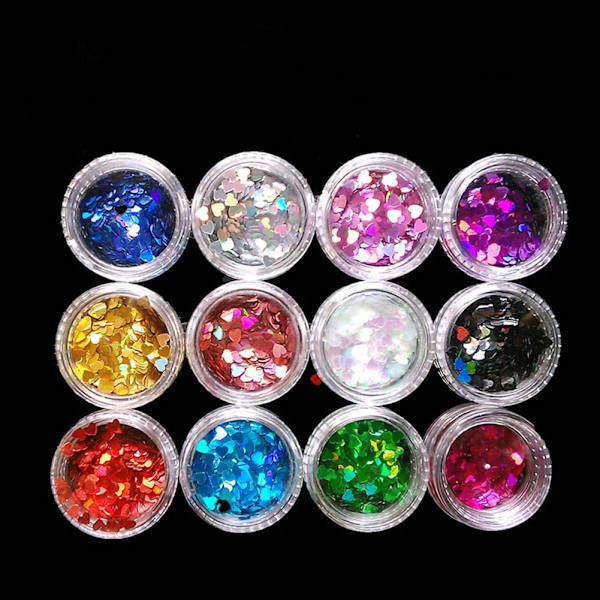 3D-form Lasermetall 12 lådor Nagelglitter Paljetter Nagelkonst Dekorationer Kromatisk Skönhet Holografisk Paillette Tips (Hjärta)