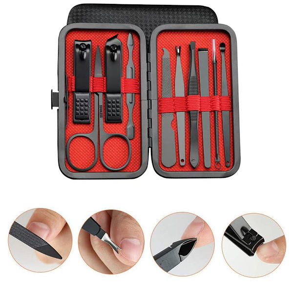 10-delad manikyrset av hög kvalitet, nagelsax, professionell grooming presentset, pedikyrsats, rostfria ansiktsverktyg för nagelband