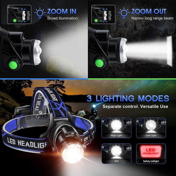 1200LM oppladbar LED-hodelykt, IP64 vanntett zoombar hodelykt