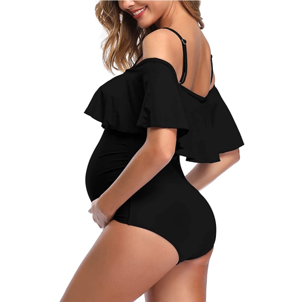 Svømmedrakt for gravide med off-shoulder, volanger og blomstermønster