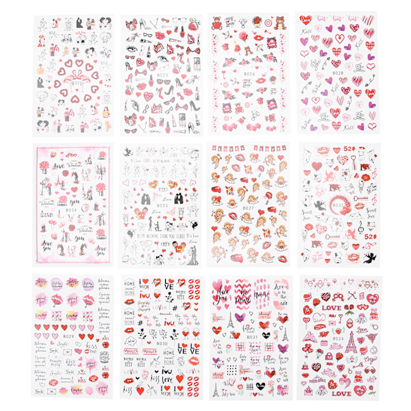 12 ark Valentine's Day nagelkonst klistermärken röda läppar hjärtformade nageldekorationer