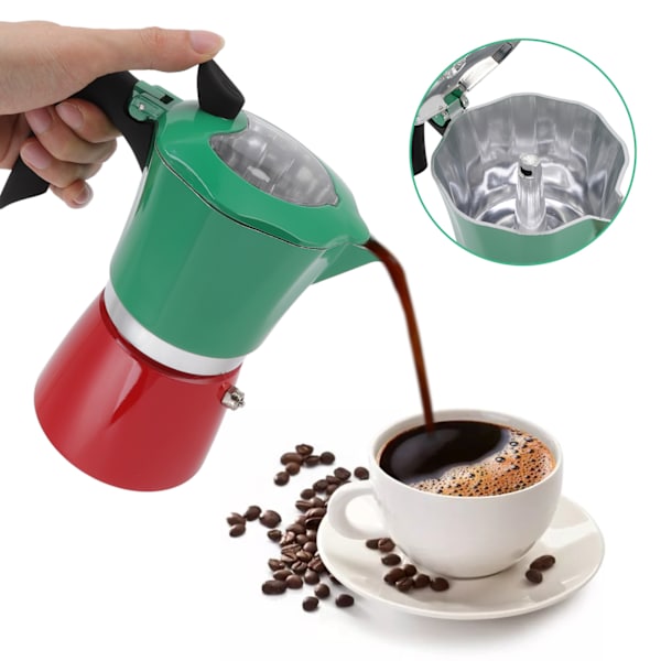 Kaffetillverkare för spishäll i aluminium, bärbar kaffebryggare med transparent lock för resor, grön röd nr 6, 300 ml