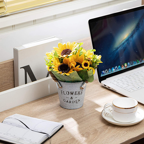 Kunstig Solsikkebuket med Vase Simulering Gule Blomster Metal Pottet Bonsai til Hjem Kontor Fest