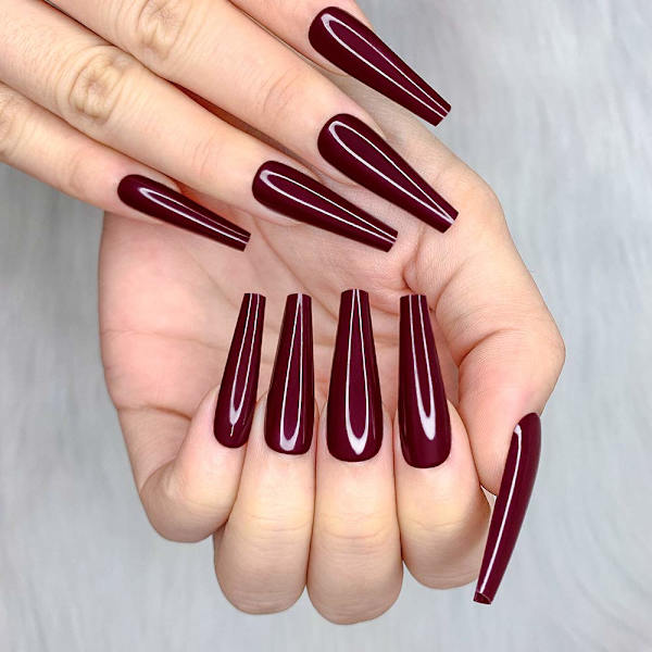 24 stk Vinrød Ren Farve Ballerina Lang Kiste Glansfulde Falske Negle Tryk på Negle Falske Spidser Manicure til Kvinder og Piger