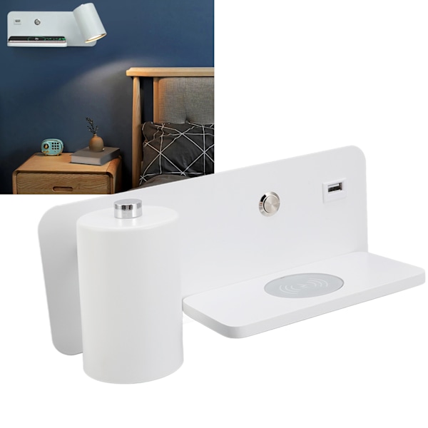 LED Vegglampe USB-grensesnitt Trådløs lading LED Vegglampe for stue Soverom 85‑265V Hvit Venstre