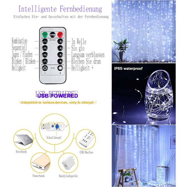 LED Gardinljusslinga, Kontroller & Timerfunktion, Väderbeständig och Bred Användning för Hem, Kontor och Utomhusdekor (Kallvitt, 3m x 3m)
