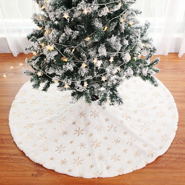 Elegant julgransmatta med gyllene snöflingor, lätt att fästa julgransmatta för din mysiga juldekoration