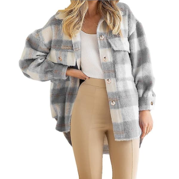 Vinter uldfrakke afslappet ternet flannel skjortejakke oversized knaplukning langærmet efterårsskjorte Blue XXL