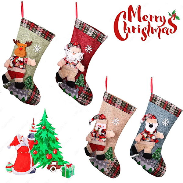 3D Julstrumpor, Perfekt Juldekoration Med Hängögla För Stora Julstrumpspåsar I Klassisk Jultomtestil, Miljövänlig Non-Woven
