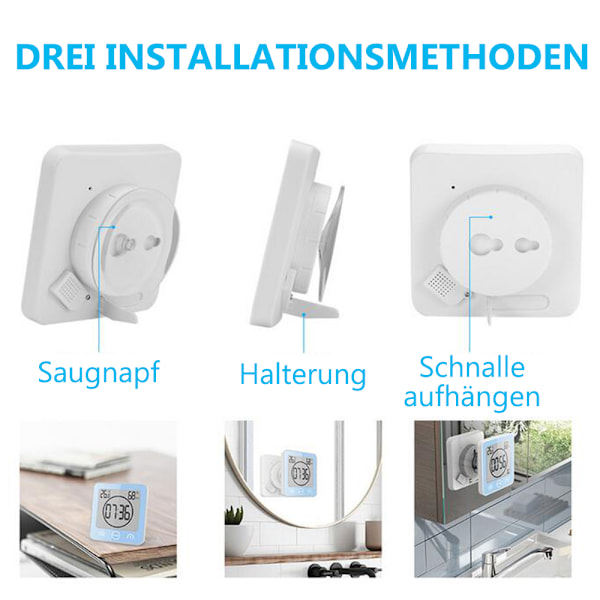 Multifunktionell Timer, Vattentät Pekskärmstimer, Temperatur- och Luftfuktighetsdisplay, Enkel Installation för Badrum, Dusch, Kök (Stor Skärm)