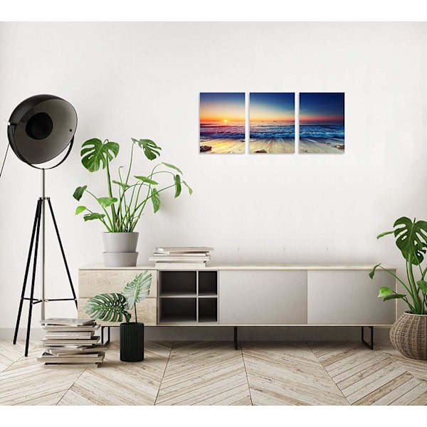 3-Panel Strand Canvas Væghængning til Hjemmedekor Blå Hav Solnedgang Whi