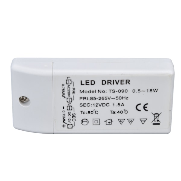 LED Transformer 18W 12VDC 1,5A Konstant Strøm LED Driver til Skabbelys DIY Lampe AC 85‑265V