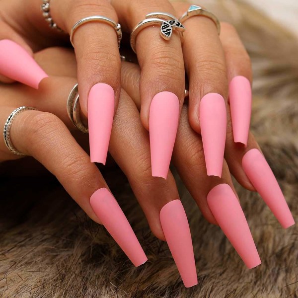 Superlång matt press på naglar Kista Ballerina Solida falska naglar Akryl konstnaglar lösnaglar tips för kvinnor och flickor 24 st (varm rosa)