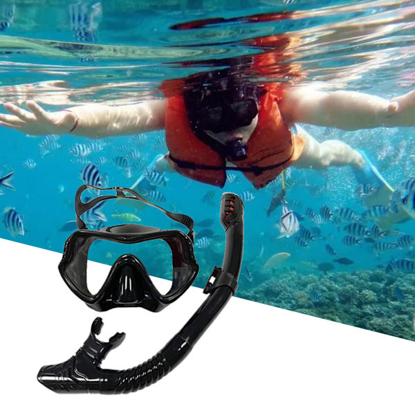 Sininen läpinäkyvä snorklaussetti, kuiva yläosa snorkkeli ja karkaistu lasi uintisukellusmaski, 180°HD-näkymä, ei vuoda