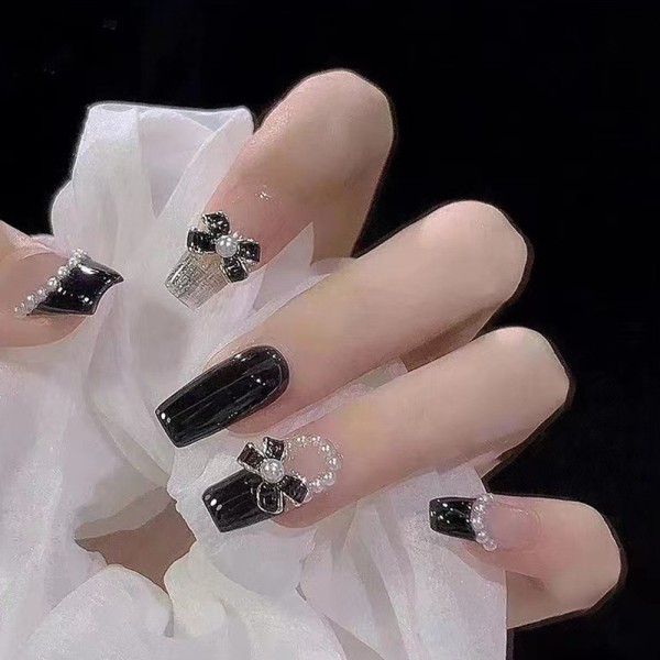 Kistapress på naglar Långa falska naglar med design Fransk spets naglar lim på naglar Blank ballerina