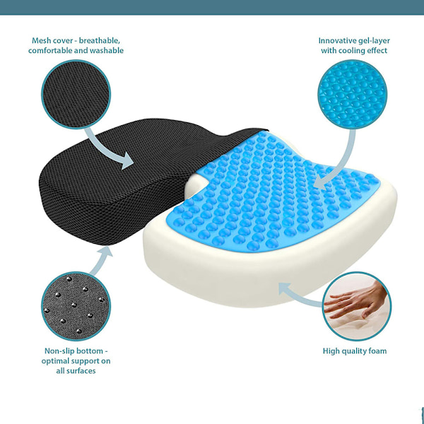 Ergonomisk Design Ortopedisk Sittdyna för Svanskotan, Memory Foam och Gel Sittkudde för Lindring av Ischiasvärk och Halkfri Botten, Ergonomisk Design för