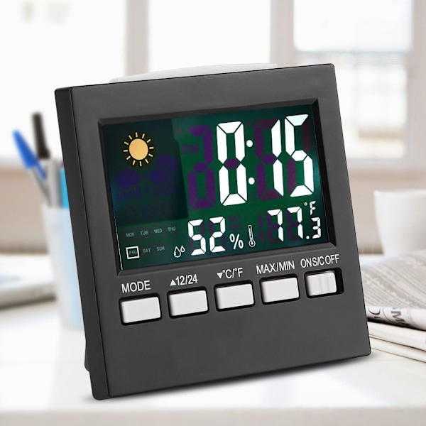 Bärbar Klocka med Multifunktionell Display, Digital Termometer Väckarklocka för Inom- och Utomhusbruk (Svart)