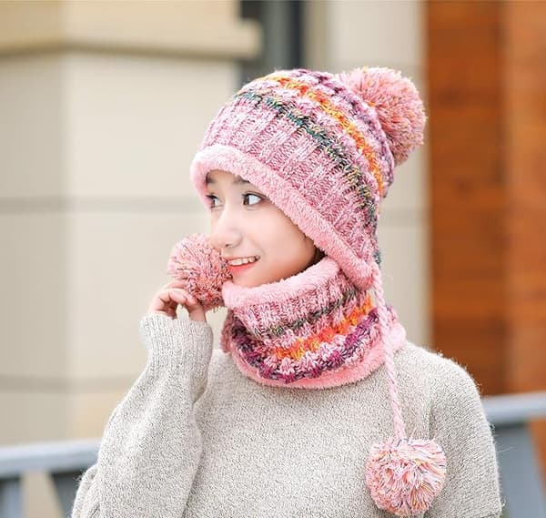Rosa Hatt+Skjerf Sett Dame Strikket Hatt Skjerf Sett Vinter Varm Tykk