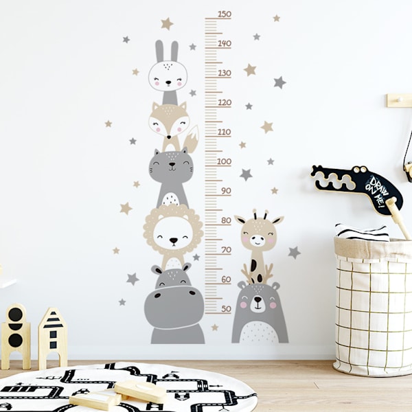 Väggklistermärke för barn, mätlist med skogsdjur, avtagbar DIY-väggmålning, väggklistermärke för barn (grå)