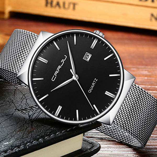 Miesten Ultra Ohut Vedenkestävä Rannekello Miesten Muoti Mustalla Ruostumattomasta Teräksestä Valmistetulla Rannekkeella Mesh Analog Quartz Business Miesten Kellot