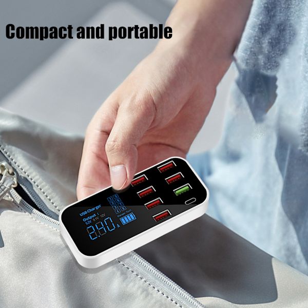 A9S+ 8-portars billaddare 40W snabbladdning QC 3.0 USB C Flera USB-laddningsstationer med LCD för bil Flera enheter