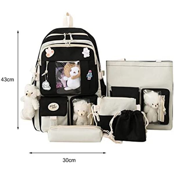 Ryggsäck med söta hängetillbehör, 5 delar Kawaii set flickor, studentbokväska Vacker ryggsäck, stor Harajuku Canvas School