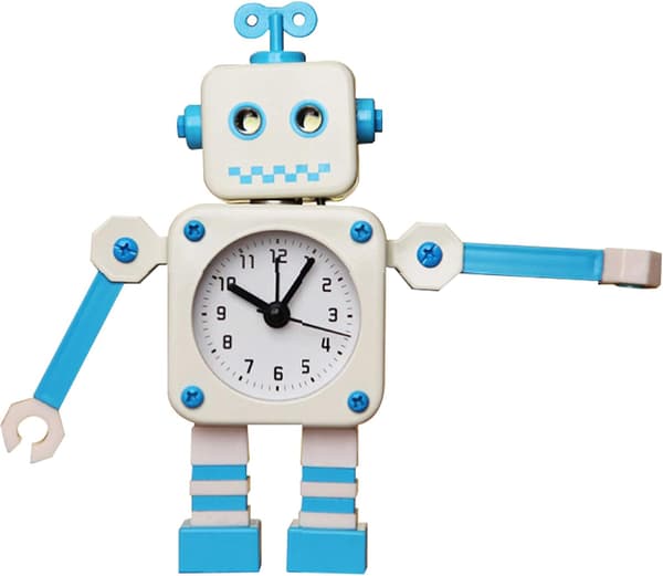 Hvidt blåt robotvækningsur, lydløst vækningsur i rustfrit stål