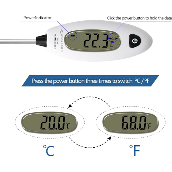 Stilren och Användarvänlig Termometer, Lämplig för Matlagning Inomhus och Utomhus, Brett Mätområde -50°C ~ 300°C / -58°F ~ 572°F, Omedelbara Avläsningar