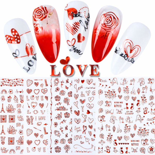 Nagelklistermärken 3D Metallic Röda Nail Art Dekaler Love Heart Kiss