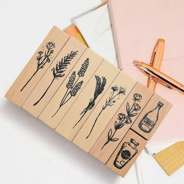 8 stk. Træstempler med blomsterblonder til breve, dagbog, scrapbooking, DIY-håndværk og breve