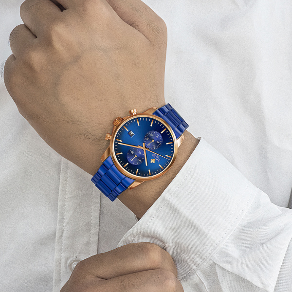 Herrklockor med casual vattentät kronograf watch gjord av rostfritt stål och metall, automatisk datum i färgglada händer