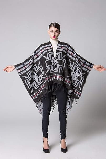 Sort Kashmir Poncho Wrap med Blomstermønstre og Frynser