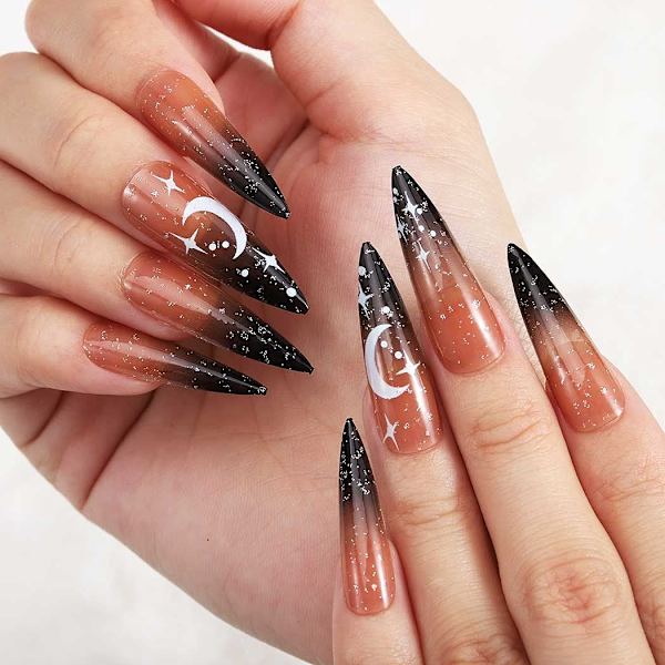 Bomine Stiletto -painettavat kynnet, pitkät ombre-mustat keinokynnet, akryyliset kiiltävät, täyspeite, Halloween-kynnet naisille ja tytöille ()