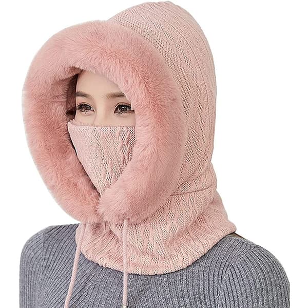 2 i 1 Vintermössa Stickad Mössa Varm Mössa Cirkelsjal Set Balaclava Vinterstickad Mössa med Fleecefoder för Kvinnor Vindtät Mössa Kylskydd Skidmössa Rosa